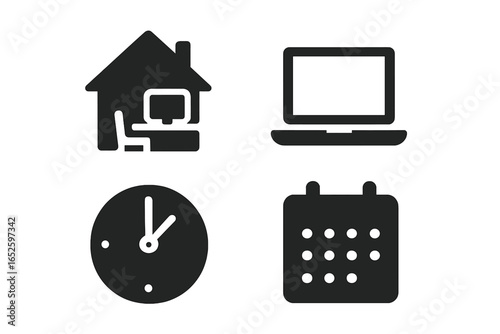 Flexible work solid icon set for remote jobs and home office concepts. Glyph pictograms for freelance, hybrid work model, time management and work-life balance.