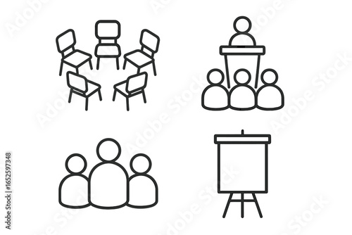 Therapy Icons Grid. Outline Vector Set of 4 Group Therapy and Counseling Symbols Including Circle of Chairs, Facilitator Podium, Group Icon, Flipchart Easel Illustration