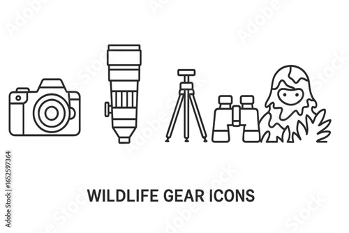 Wildlife photography gear icon set. Vector outline symbols for nature observation, safari, and birdwatching. Includes DSLR camera, telephoto lens, tripod, binoculars & ghillie suit.