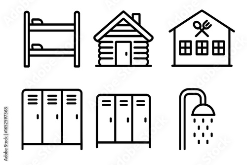 Summer camp facility outline icon set. Camp accommodation and lodging symbols like bunk bed, log cabin, dining hall, locker room, shower. Simple linear vector graphics.