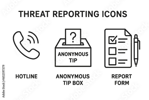Outline vector icons of threat reporting methods including hotline phone receiver, anonymous tip box with question mark, and report checklist form with pen for secure communication