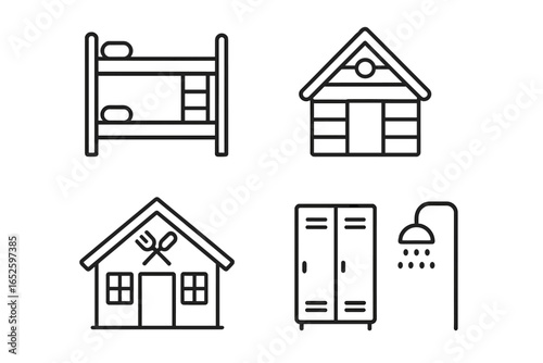 Summer camp and hostel facilities line icon set. Vector outline pictograms of a bunk bed, cabin, dining hall, shower, and locker for travel and recreation.