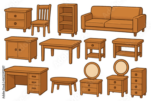 Wooden furniture set collection vector illustration. Home interior design elements. Cartoon wood sofa, table, chair, bookshelf, desk, dresser isolated on white background.