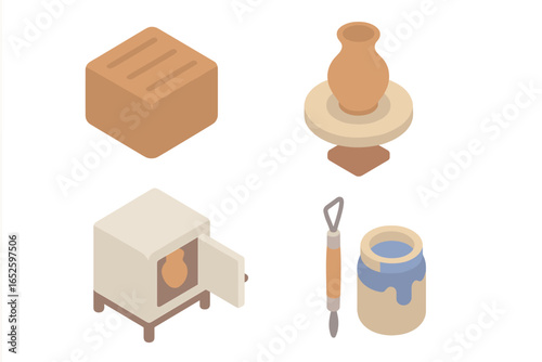 Pottery isometric icon set. Ceramics art hobby and craft. Includes clay block, potter's wheel, kiln oven, sculpting tool and glaze jar. Handmade earthenware vector.