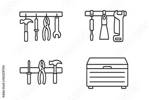 Tool Storage Icons Set, Outline Vector of 4 Tool Storage Solutions: Wall Tool Rack with Hammer and Wrench, Peg Hook, Magnetic Strip Organizer, Toolbox Chest