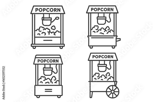 Popcorn machine outline icon set. Retro popper cart vector illustration. Vintage carnival, cinema and circus food snack symbol. Classic movie entertainment equipment.