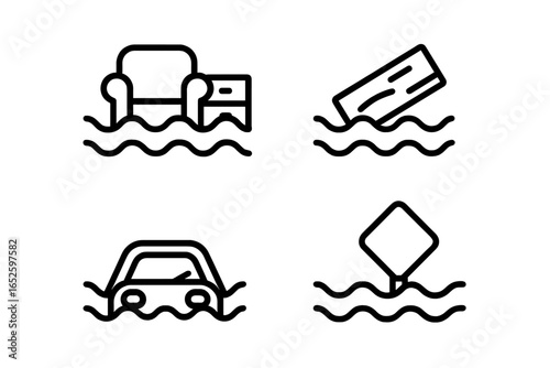 Flood disaster icon set. Flooded street outline icons with submerged car, floating furniture, and debris. Natural catastrophe, property damage, climate change vector.