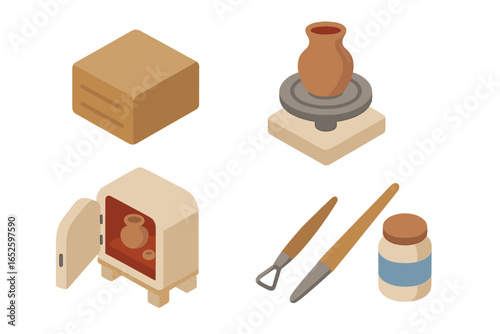 Isometric pottery icon set. Vector illustrations of ceramic art process. Includes clay block, potter's wheel with vase, kiln, sculpting tools, and glaze jar. Hobby craft.
