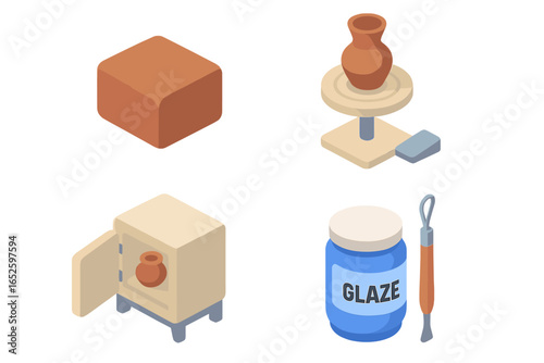 Pottery icon set in isometric style. Ceramics art hobby concept with clay block, potter's wheel, kiln, glaze jar, and sculpting tool. Handmade craft workshop vector illustration.