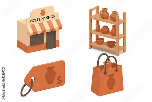 Isometric pottery shop icon set. Vector icons of a ceramics store facade, display shelf with clay pots, price tag, and shopping bag. Handmade craft business concept.