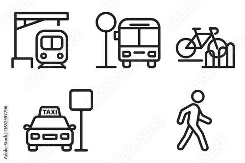 Transit icon set with multimodal transportation symbols including train platform, bus stop, bike rack, taxi stand, and pedestrian walking, vector illustration on transparent background