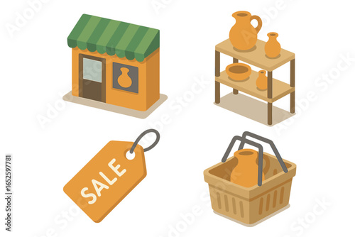 Pottery shop vector icon set. Isometric illustration of ceramic store facade, handmade clay craft on display shelf, sale tag, shopping basket. Art, retail business concept.