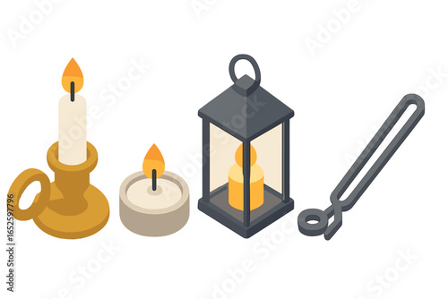 Isometric candle accessories icon set with candlestick holder, tealight, lantern, and wick trimmer. Flat vector illustration for cozy hygge home decor. Vintage light icons.