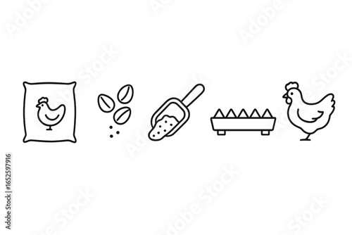 Poultry feeding outline icon set with chicken, feed sack, corn kernels, grain, scoop, and trough feeder. Farm animal and agriculture vector illustration concept.