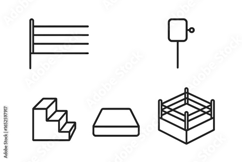 Boxing sports icon set. Outline vector symbols for wrestling and combat sports. Includes boxing ring, arena stairs, ropes, canvas mat, and corner stool. Fight night concept.