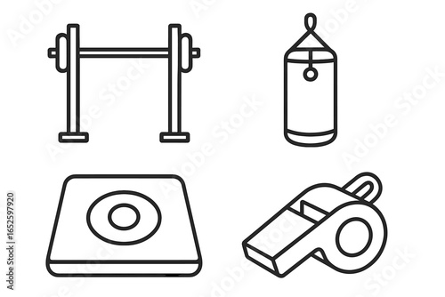 Wrestling gym outline icon set. Weightlifting rack, punching bag, training mat, coach whistle. Vector symbols for fitness, combat sports, MMA, boxing. Linear graphic element.