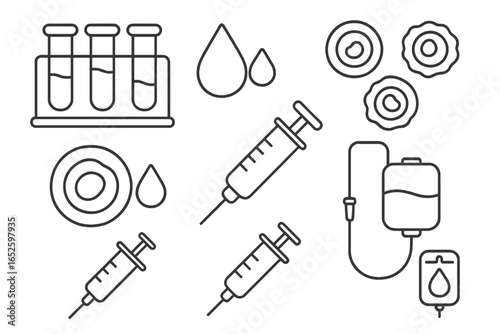 Medical and healthcare line icon set with blood test tubes, red blood cells, syringe for injection, and IV infusion bag. Vector illustration for science and medicine.