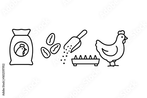 Poultry feeding outline icon set. Chicken, hen, feed sack, corn kernels, grain, feed scoop, and trough feeder icons. Farming and agriculture vector concept.
