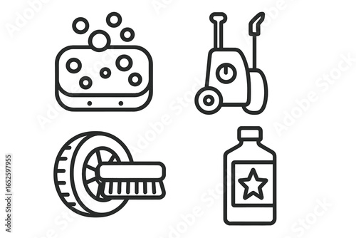 Car cleaning icon set. Vector outline symbols for auto detailing service. Includes sponge, high pressure washer, tire brush, and car wax bottle. Car wash concept.