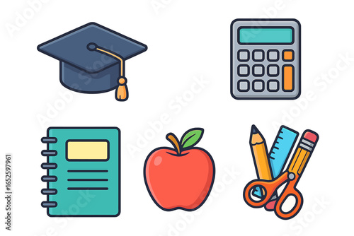 School themed educational icons featuring graduation cap, calculator, notebook, red apple, and classroom tools in colorful vector cartoon style perfect for learning, education, and teaching concepts