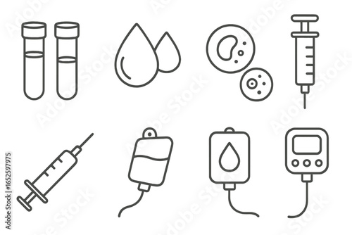 Healthcare and medicine line icon set. Blood test tube, drop, cells, syringe injection, IV infusion bag. Medical research, laboratory analysis, donation. Vector icons.
