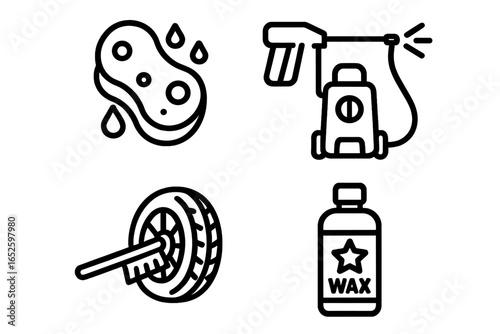 Car wash and auto detailing line icon set. Vector symbols for vehicle cleaning service. Includes pressure washer, wet sponge, tire brush, and polish wax bottle pictogram.