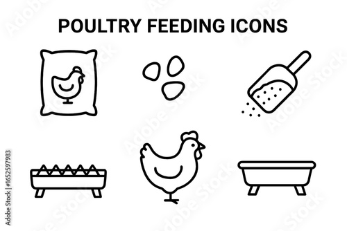 Poultry feeding line icon set. Vector illustration for farming concepts. Outline icons of a chicken, hen, feed sack, corn kernels, scoop, trough feeder, and waterer.