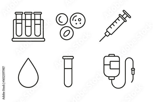 Medical and healthcare line icon set. Blood test tube, syringe for injection or vaccine, blood cells, and IV drip bag for infusion therapy. Lab analysis vector icons.