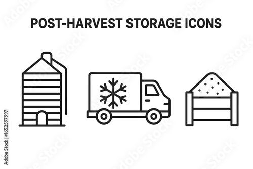 Post-harvest storage and logistics icons. Outline icon set of grain silo, refrigerated truck, storage bin. Vector for farming, agriculture, food supply chain, delivery.