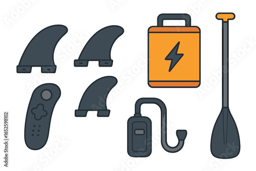 Electric surfboard accessories set. E-foil, hydrofoil, and SUP gear collection with battery, controller, fins, paddle. Water sports equipment. Flat vector illustration.