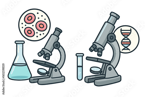 Medical laboratory research tools with microscopes, test tubes, cells, DNA strands, scientific research, biology lab equipment, vector cartoon illustration