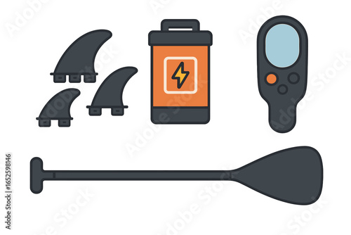Electric surfboard accessories set with battery, remote controller, fins, and paddle. E-foil hydrofoil equipment kit. Vector illustration in flat cartoon style isolated.
