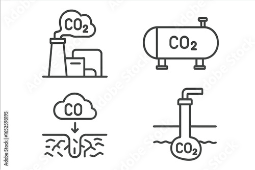 Carbon capture and storage technology icon set. CO2 emissions reduction process. Greenhouse gas removal from atmosphere, transport, and underground geological sequestration.