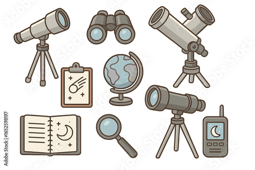 Astronomy and stargazing icon set with telescope, binoculars, and globe. Vector cartoon illustration of space exploration tools for celestial observation of moon and stars.