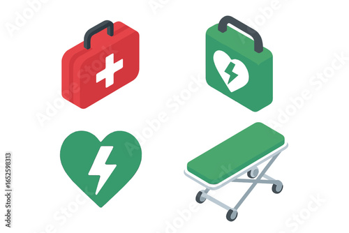 Isometric medical emergency icon set. Vector illustration of first aid kit, defibrillator, stretcher, and heart symbol for cardiac arrest, healthcare, and safety concepts.