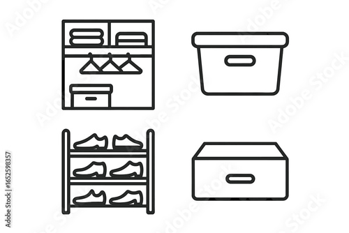 Storage Solutions Icons Set, Outline Vector Illustration of Closet Organizers, Shelves, Storage Bins, Shoe Racks, Drawers, Home and Office Organization Tools