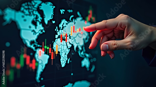 Hand pointing at a world map with stock market charts and data overlays indicating global financial activity
