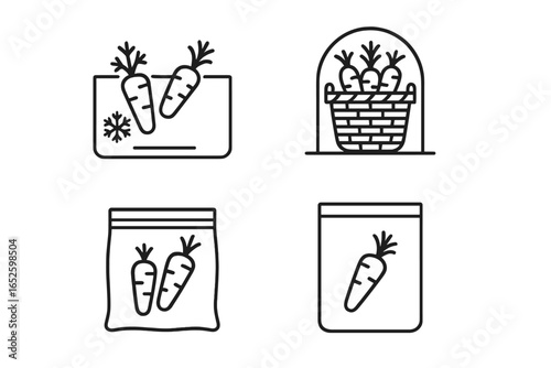 Carrot storage icons. Set of outline vector symbols for food preservation. Includes refrigerator drawer, root cellar basket, and freezer bags. Vegetable keeping fresh concept.