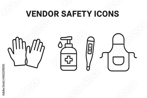 Vendor Safety Icons Set with Hygiene and Safety Symbols Including Disposable Gloves, Hand Sanitizer, Thermometer, and Apron Outline Vector Illustration on Transparent Background