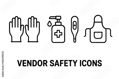 Vendor Safety Icons Outline Set of Hygiene and Protection for Vendors Including Disposable Gloves, Hand Sanitizer, Thermometer, and Apron Vector Illustration Transparent