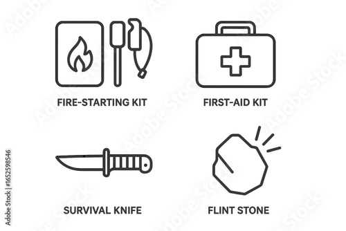 Survival Skills Icons, Fire Starting Kit, First Aid Kit, Survival Knife, Flint Stone, Outdoor Emergency Tools, Camping, Hiking, Wilderness Preparedness, Vector Illustration