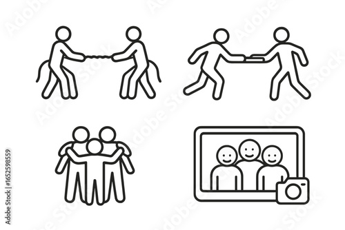 Team Building Icons Set, Outline Vector Collection of Team Bonding and Group Activities Including Tug of War Rope, Relay Baton Race, Team Huddle, and Group Photo Illustration