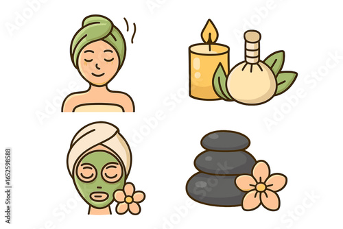 Spa and wellness icon set for beauty and relaxation. Vector illustrations of woman with face mask, hot stones, massage compress ball, and candle. Skincare and self-care concept.
