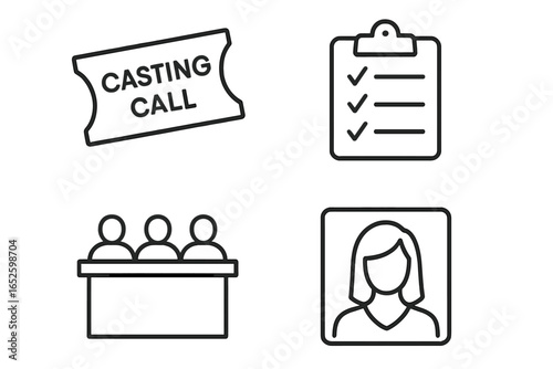Casting call vector icon set. Audition essentials concept with outline symbols. Film and theater tryouts, talent search, and recruitment process with judging panel.