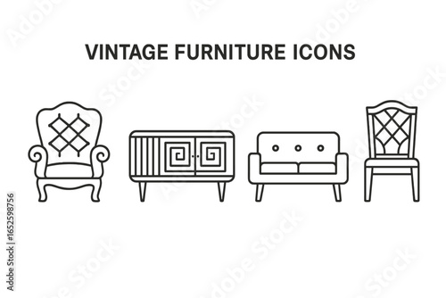 Vintage Furniture Icons Set, Outline Vector Collection of Retro and Classic Styles, Victorian Armchair, Art Deco Credenza, Mid-Century Modern Sofa and Chair, Antique Home Decor Elements