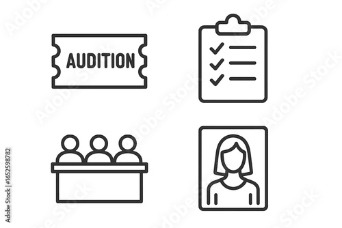 Casting call and audition linear icon set. Talent search essentials. Includes audition ticket, evaluation checklist, judges panel, and actor model headshot vector illustration.
