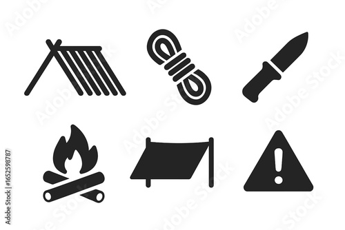 Forest survival solid icon set. Camping gear, bushcraft equipment vector collection. Lean-to shelter, knife, rope, campfire, tarp, and emergency warning sign icons.