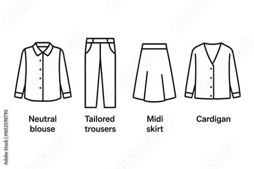 Capsule wardrobe icon set for minimalist fashion planning. Basic women's clothing essentials with neutral blouse, tailored trousers, midi skirt, cardigan. Outline vector.