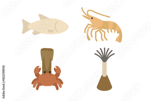 Cave marine life icon set. Isometric flat vector illustration of cave-dwelling animals. Includes blind cavefish, shrimp, crab, and tubeworm. Troglobite aquatic fauna.