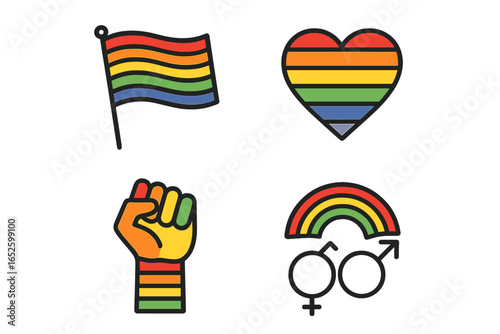 Pride symbols outline icon set. LGBT community vector elements. Rainbow flag, love heart, power fist, gender signs. Gay, lesbian, bisexual, transgender equality concept.